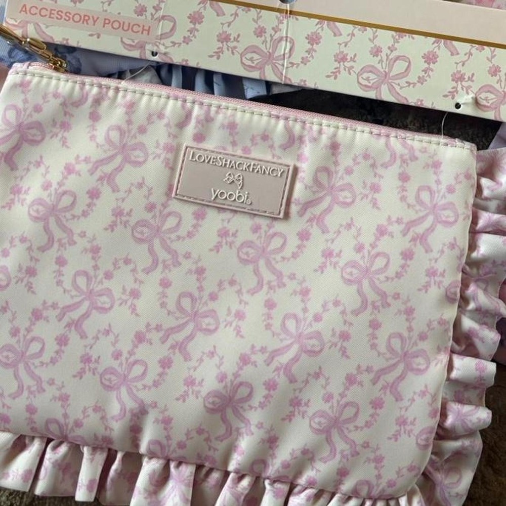 LoveShackFancy & Yoobi floral accessory pouch / pencil bag white w pink bows